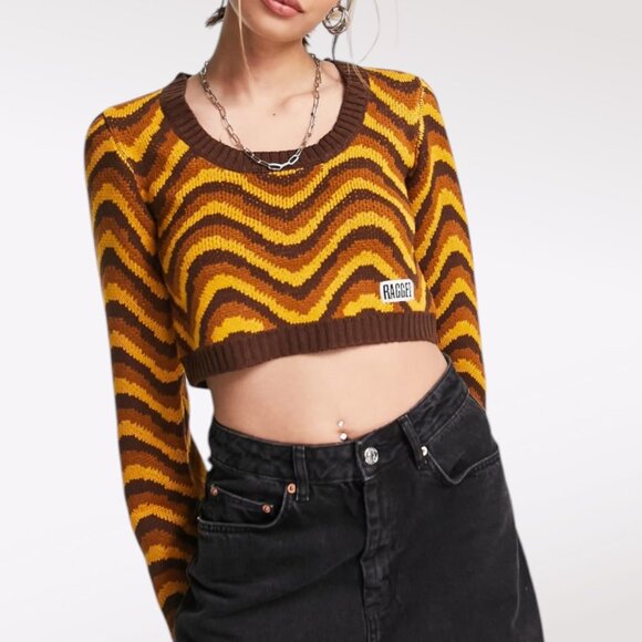 Ragged Jeans Cropped Sweater Brown Orange Yellow Chevron Knit Size Small - Picture 1 of 11